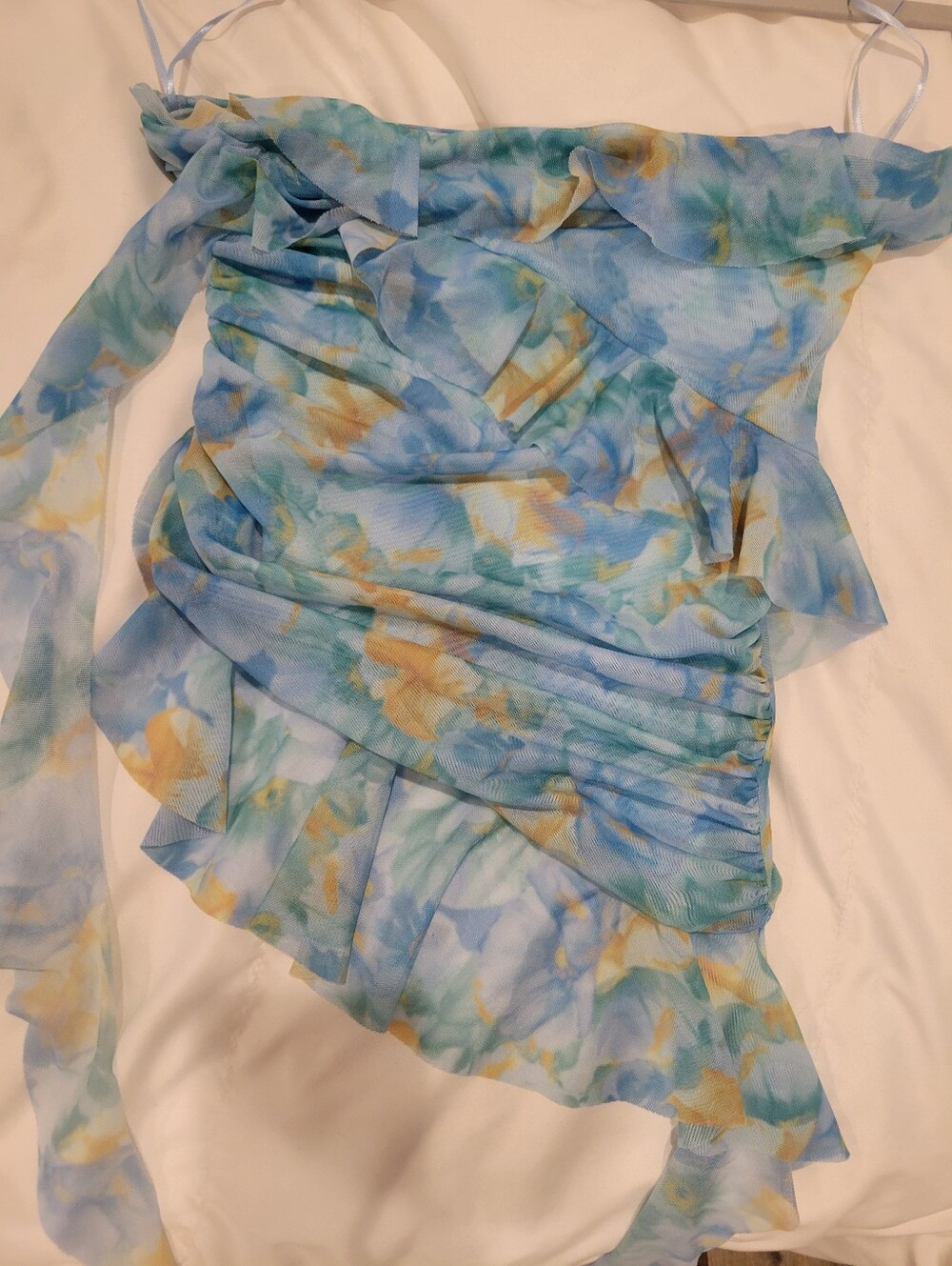 ZARA Blue Watercolor Floral Printed Mesh Bandeau Top Asymmetric Ruffles S